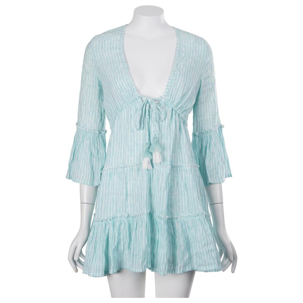 Blue Island Cover Up XS Green Tasseled Striped V-Neck 3/4 Sleeve Pullover Tunic